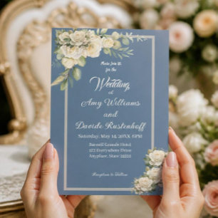 Elegant Dusty Blue White Roses,blue floral Invitation