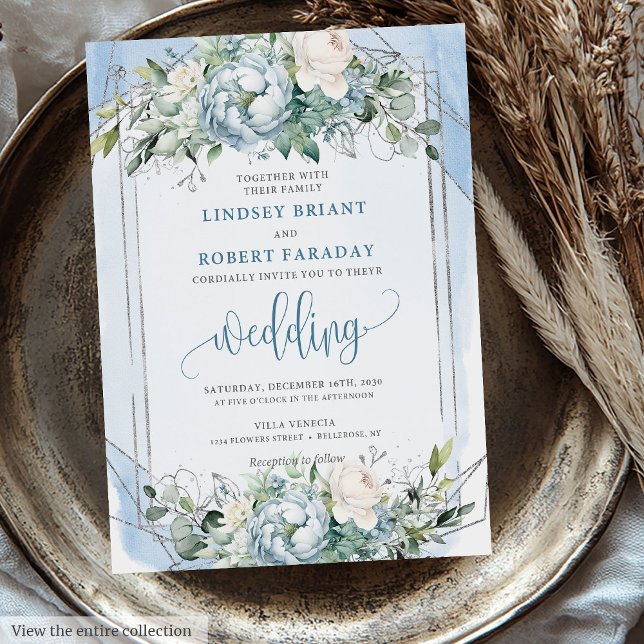 Elegant Dusty Blue White Silver Peonies Wedding  Invitation (Elegant Dusty Blue White Silver Peonies Wedding Invitation)