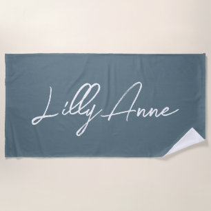 Elegant Dusty Blue White Trendy Script Name Beach Towel