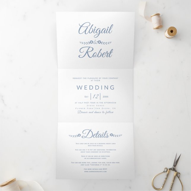 Elegant dusty blue, white typography photo wedding Tri-Fold invitation (Inside)