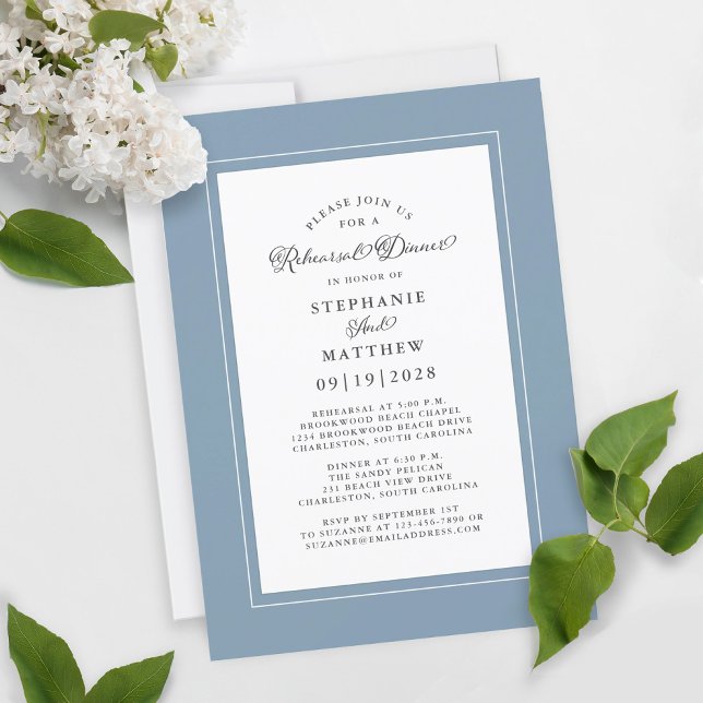 Elegant Dusty Blue White Wedding Rehearsal Dinner Invitation (Creator Uploaded)