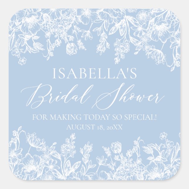 Elegant Dusty Blue White Wildflower Bridal Shower  Square Sticker (Front)