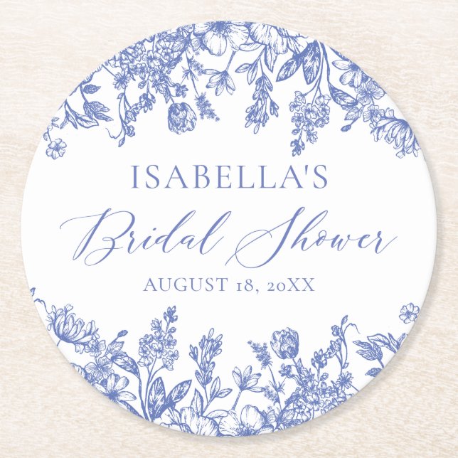 Elegant Dusty Blue Wildflower Bridal Shower Round Paper Coaster (Front)
