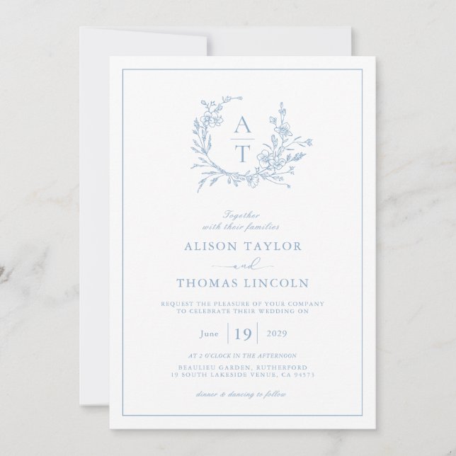 Elegant Dusty Blue Wildflower Crest Wedding  Invitation (Front)