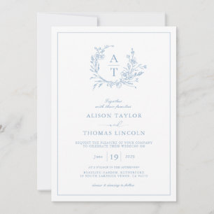 Elegant Dusty Blue Wildflower Crest Wedding Invitation