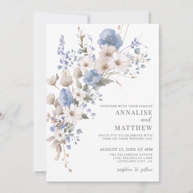 Elegant Dusty Blue Wildflower Floral Wedding Invitation (Front)