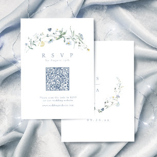 Elegant Dusty Blue Wildflower Rustic Boho QR code RSVP Card