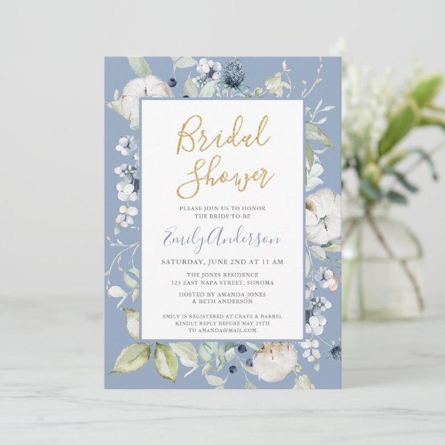 Elegant Dusty Blue Wildflowers Bridal Shower Invitation (Standing Front)