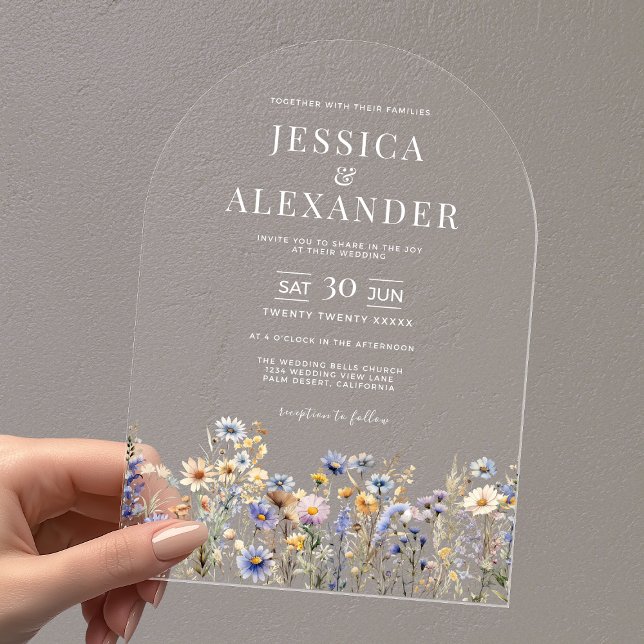 Elegant Dusty Blue Wildflowers Wedding Clear Arch Acrylic Invitations (Elegant Dusty Blue Watercolor Wildflowers Wedding Clear Arch Acrylic Invitation with White Text.)