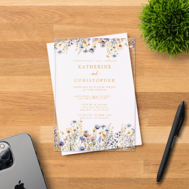 Elegant Dusty Blue Wildflowers Wedding Gold Acrylic Invitations (Insitu (Invitation Card))