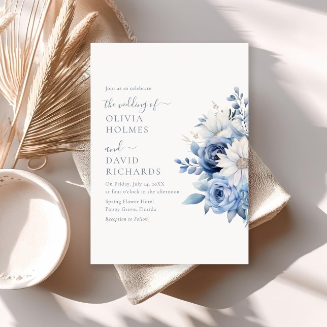 Elegant Dusty Blue Wildflowers Wedding Invite (Elegant Dusty Blue Wildflowers Wedding Invite on a sunny neutral boho table.)
