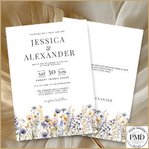 Elegant Dusty Blue Wildflowers White Wedding Invitation
