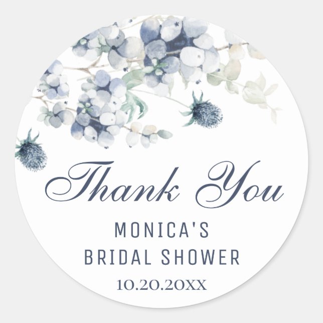 Elegant Dusty Blue Winter Foliage Bridal Shower Classic Round Sticker (Front)