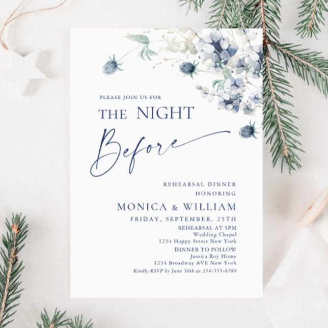 Elegant Dusty Blue Winter Foliage Rehearsal Dinner Invitation (Creator Uploaded)