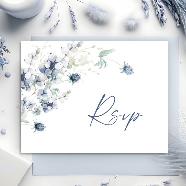 Elegant Dusty Blue Winter Foliage Watercolor RSVP Postcard (Creator Uploaded)