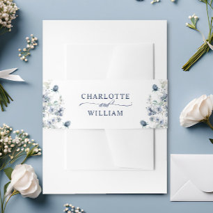 Elegant Dusty Blue Winter Foliage Wedding Invitation Belly Band