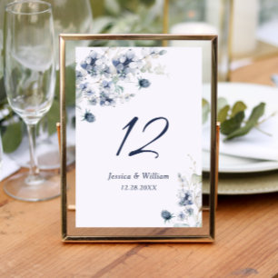 Elegant Dusty Blue Winter Foliage Wedding Table Number