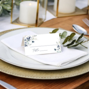 Elegant Dusty Blue Winter Foliage Wedding Table Place Card