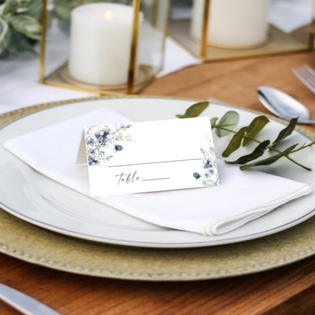 Elegant Dusty Blue Winter Foliage Wedding Table Place Card (Creator Uploaded)