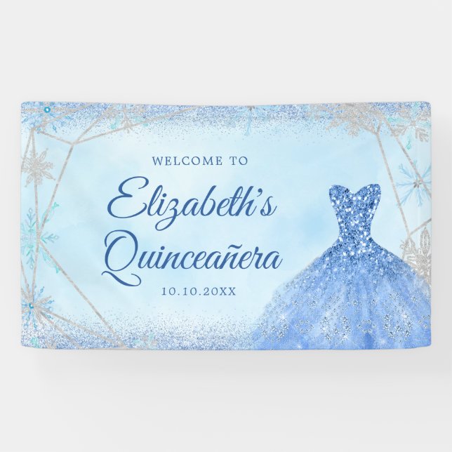 Elegant Dusty Blue Winter Snowflake Quinceañera Banner (Horizontal)