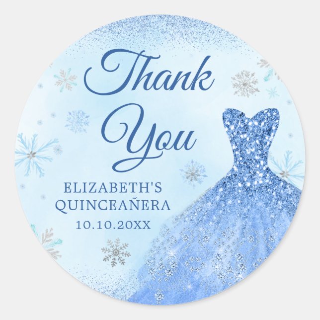 Elegant Dusty Blue Winter Snowflake Quinceañera Classic Round Sticker (Front)