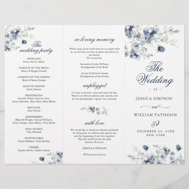 Elegant Dusty Blue Winter Wedding Ceremony Program (Front)