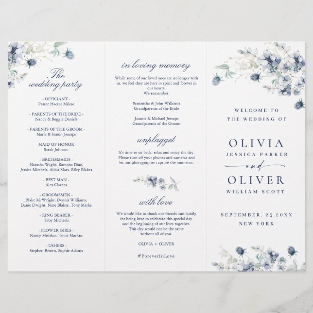 Elegant Dusty Blue Winter Wedding Ceremony Program (Front)