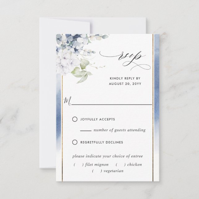 Elegant Dusty Blue, With/Out Meal Options Wedding RSVP Card (Front)