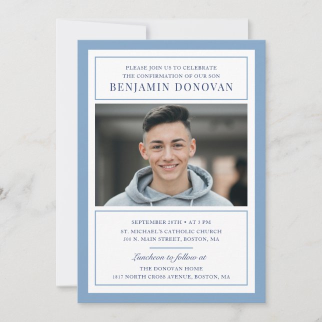 Elegant Dusty Blue with Photo Confirmation Invitation (Front)