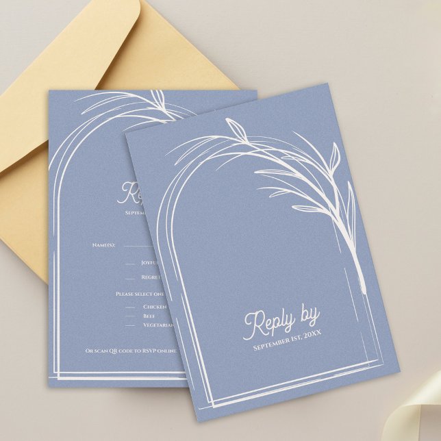 Elegant Dusty Blue With QR Code Wedding Reply By RSVP Card (Dusty Blue Minimalist Arch Botanical Wedding RSVP Card with QR Code | Modern Wedding Reply Card)