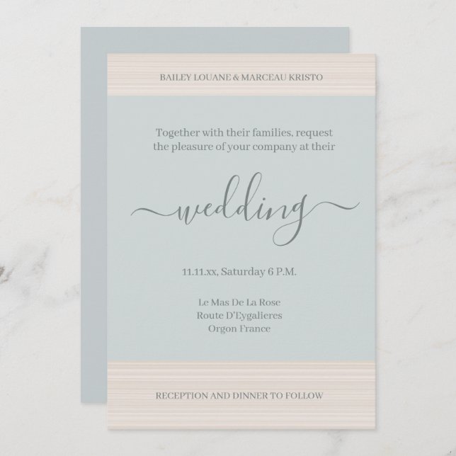 Elegant Dusty Blue WoodGrain Stripes Chic Wedding Invitation (Front/Back)