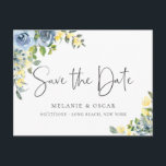 Elegant Dusty Blue Yellow Floral Save the Date Announcement Postcard<br><div class="desc">Elegant watercolor dusty blue and yellow floral arrangements,  wedding save the date postcard. Card features elegant calligraphy "Save the Date",  on front and back.</div>