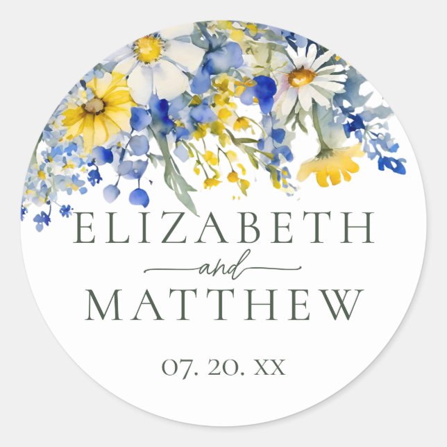 Elegant Dusty Blue Yellow Wildflowers Boho Wedding Classic Round Sticker (Front)