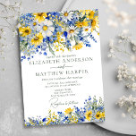 Elegant Dusty Blue Yellow Wildflowers Boho Wedding Invitation<br><div class="desc">Bohemian romantic watercolor wildflowers design in cobalt and dusty blue with sunny bright yellows and whites.</div>