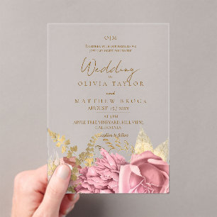 Elegant Dusty Blush Gold Rose Floral Wedding Acrylic Invitations