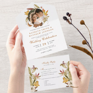 Elegant Dusty Brown Autumn Foliage Fall Wedding All In One Invitation