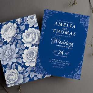 Elegant Dusty French Blue Vintage Floral Wedding  Invitation