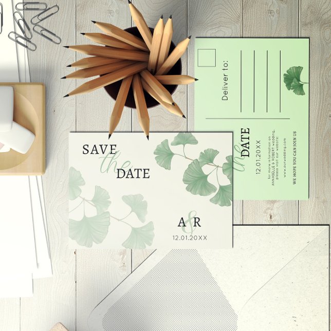 Elegant Dusty Green Ginkgo Floral Save the Date Invitation Postcard (Creator Uploaded)
