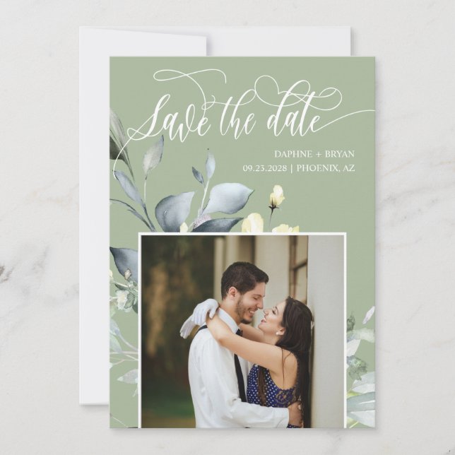 Elegant Dusty Green Leaves QR Code Photo Wedding Save The Date (Front)