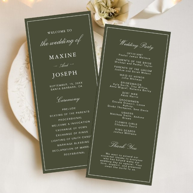 Elegant Dusty Green Script Classic Wedding Program (Elegant dusty green wedding programs keep guests informed with timeless style and grace.)