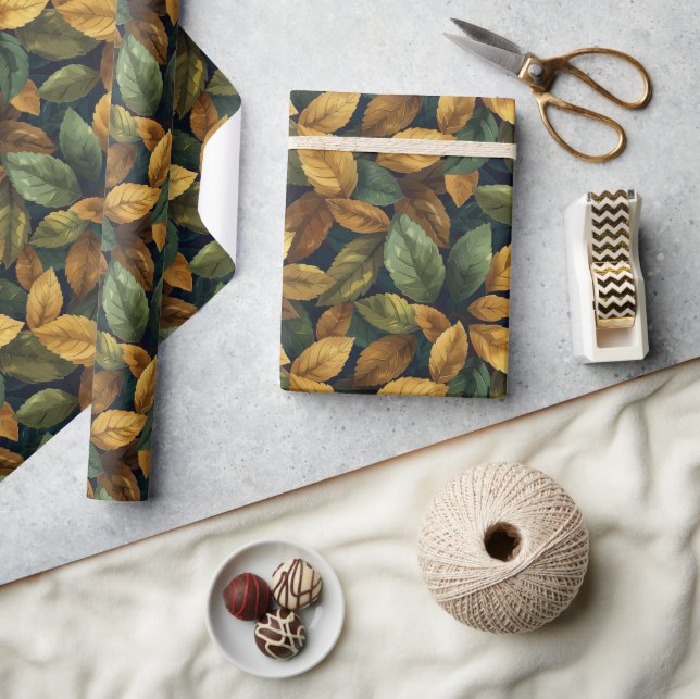 Elegant dusty green yellow orange fall leaves wrapping paper (Crafts)