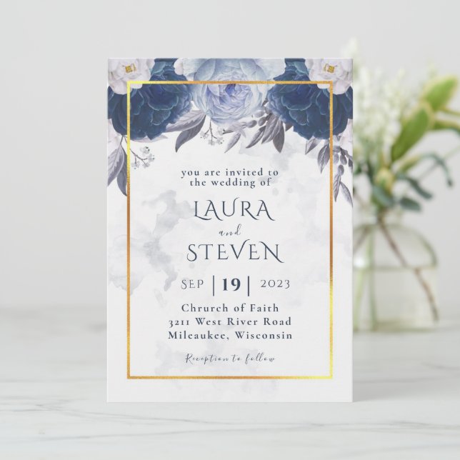 Elegant Dusty Grey Blue Floral Wedding Invitation (Standing Front)
