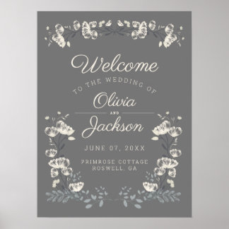 Elegant dusty grey & white floral wedding welcome poster