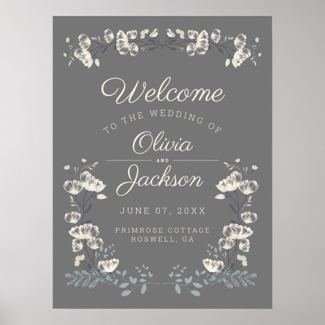 Elegant dusty grey & white floral wedding welcome poster (Front)