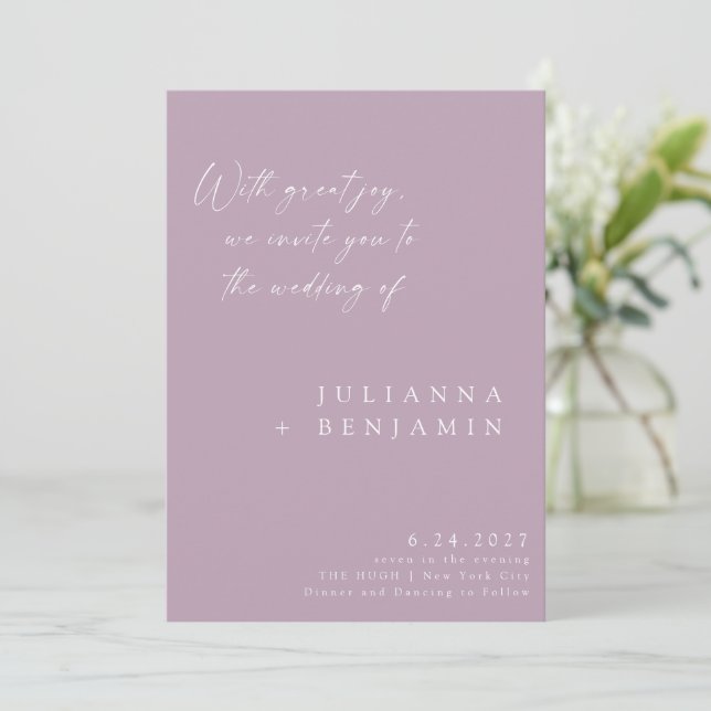 Elegant Dusty Lilac Minimalist Chic Script Wedding Invitation (Standing Front)