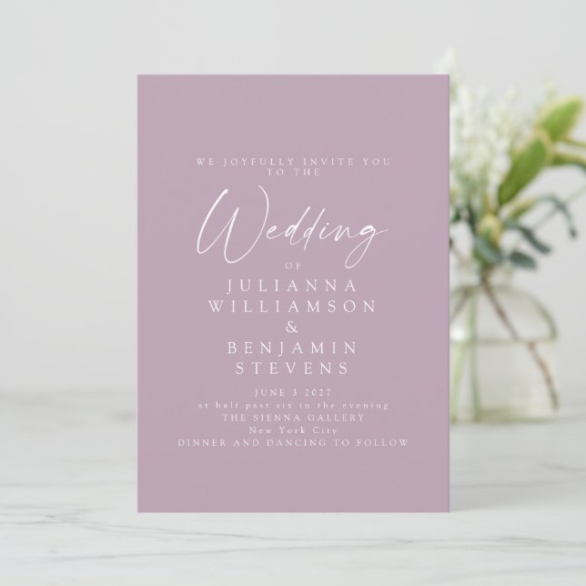 Elegant Dusty Lilac Minimalist Script Wedding Invitation (Standing Front)