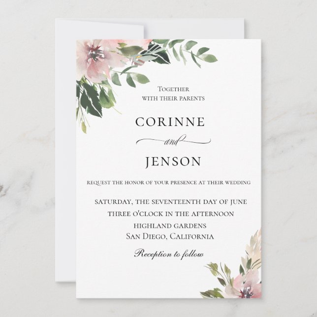 Elegant Dusty Mauve Botanical Wedding Invitation (Front)