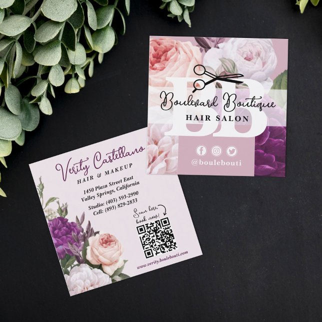 Elegant Dusty Mauve Floral Hair Salon Stylist QR Square Business Card (Creator Uploaded)
