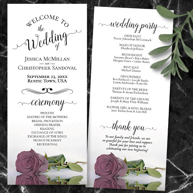 Elegant Dusty Mauve Pink Rose Romantic Wedding Program (Front and Back)