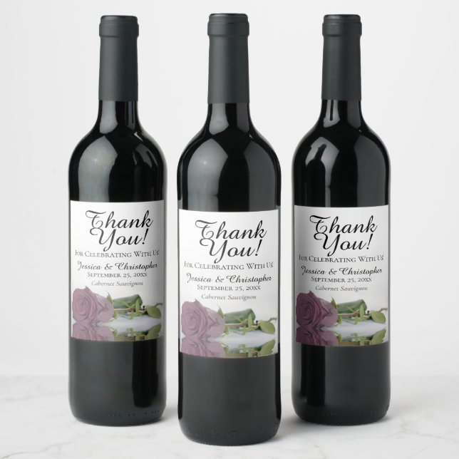 Elegant Dusty Mauve Pink Rose Wedding Thank You Wine Label (Bottles)